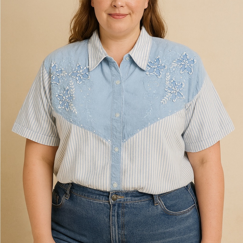 Preview International Light Blue Embroidered Button Down Shirt‎
